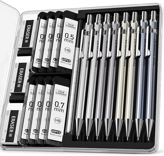 8PCS Metal Mechanical Pencil Set, 0.5mm & 0.7mm, Pack with Storage Case | 480 Leads, 3 Erasers+9 Refills, for School Writing, Sketching, Art Drawing & Professional Drafting