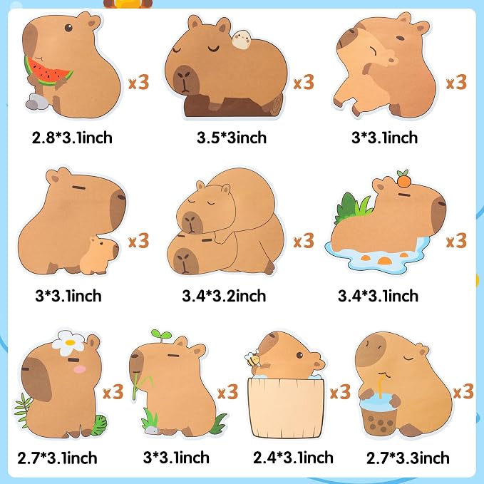 Xqumoi 30 Pack CAPY Sticky Notes - Cute Cartoon CAPY Self Sticky Notepads Writing Memo Pads Animal Page Marker for Office School Student Birthday Party Favors Goodies Bag Fillers 600 Sheets
