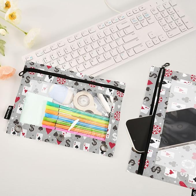 Play Chess White Black Binder Pouches 3 Ring for Boys Girls School Office College Supplies Chessboard Queen Knight Pencil Pouches Case Bag with Clear Window and Zipper 2 Pack