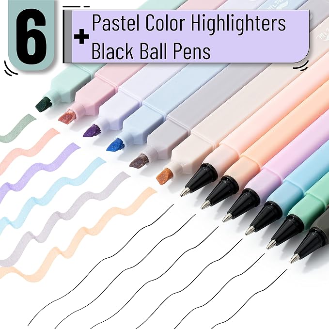 Mr. Pen- Aesthetic Highlighters and Ballpoint Pens No Bleed, 12 Pack | Pastel Colors, Bible Highlighters and Black Ink Pens No Bleed, Fast Dry and No Smear for Bible Journaling, Planner