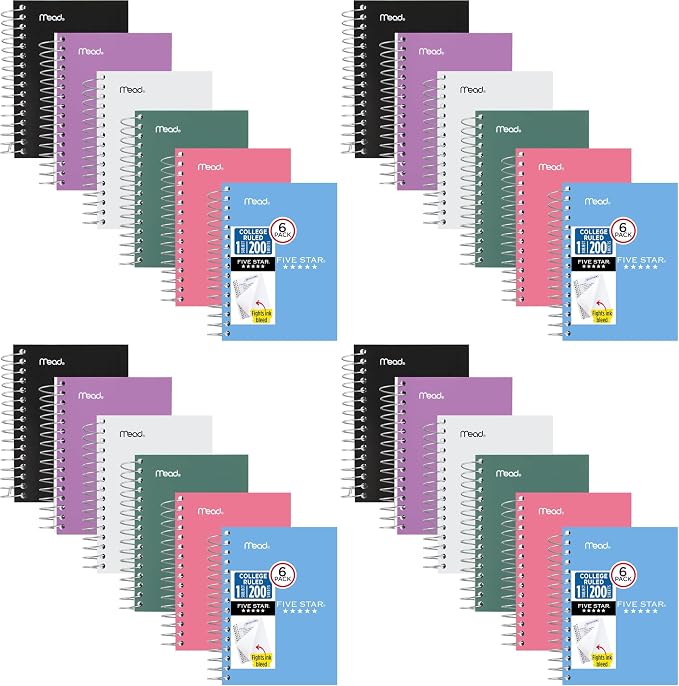 Five Star Spiral Notebook,College Ruled Paper,Fat Lil' Pocket Notebooks,3-1/2" x 5-1/2",200 Sheets,Assorted Colors (38027),6 Count (Pack of 4)
