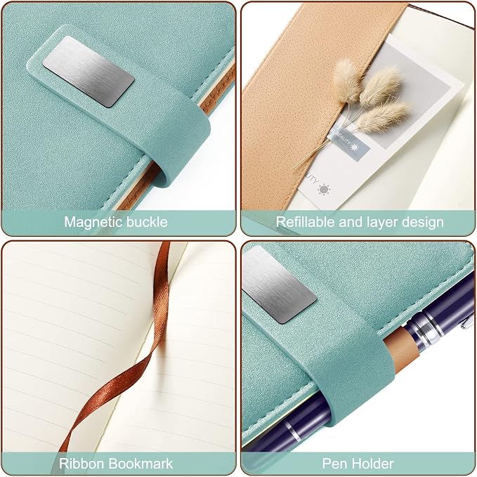 A5 Lined Leather Journal with Pen, 240 Pages Refillable Hardcover Notebook with Pocket and Magnetic Buckle, 80gsm Thick Daily Diary for Men Women, Great Gift for Business Travel Personal - Light Green