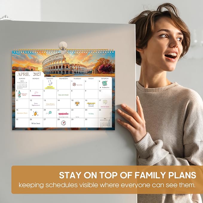 Calendar 2026-2027, 21-Month Wall Calendar Runs from Apr 2026 to Dec 2027,11.5" x 14.7",Large Monthly Calendar with Twin-Wire Binding, Perfect for Home or Office - Global Attractions