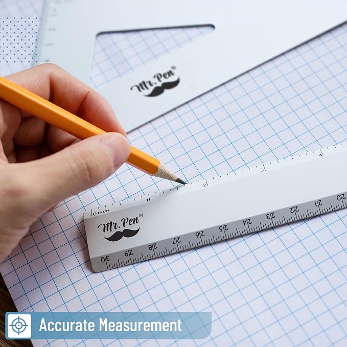 Mr. Pen- Metal Geometry Kit, 4 Pack, 45° & 30°/60° Set Squares | 6" Protractor & 12" Ruler, Durable Metal Drafting Tools for Technical Drawing, Math, Engineering & Architecture