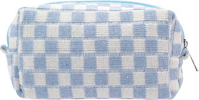 PAZIMIIK Checkered Makeup Bag for Purse Portable Zipper Make Up Pouch Small Cosmetic Case for Travel Accessories (Blue) | Cute Zipper Makeup Organizer for Women, Travel Essentials, Toiletries, Makeup Brushes, Beauty Accessories&Bridesmaid Gifts