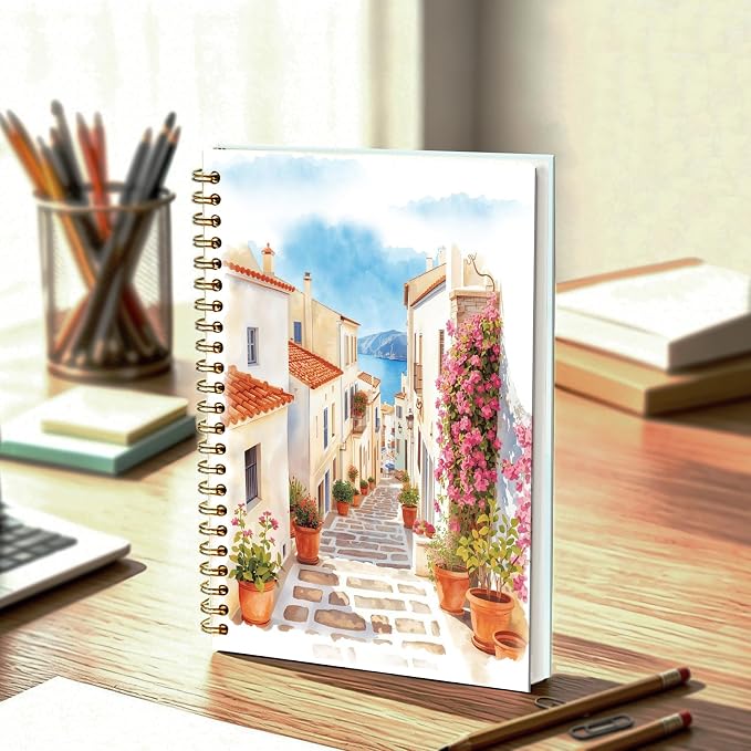 Coastal Village Scenery Journal Notebook 5.5x8.3, Greek Island Coastal Seascape Journal, Traveler Gifts, Romantic Mediterranean Landscape Notebooks for Work