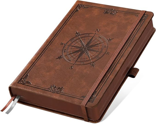 AHGXG Thick Blank Notebook, 320 Numbered Pages, A5 (5.75'' X 8.38'') | 100GSM Plain Paper, Vintage Leather Hardcover, for Men Women Work Office School (Brown)