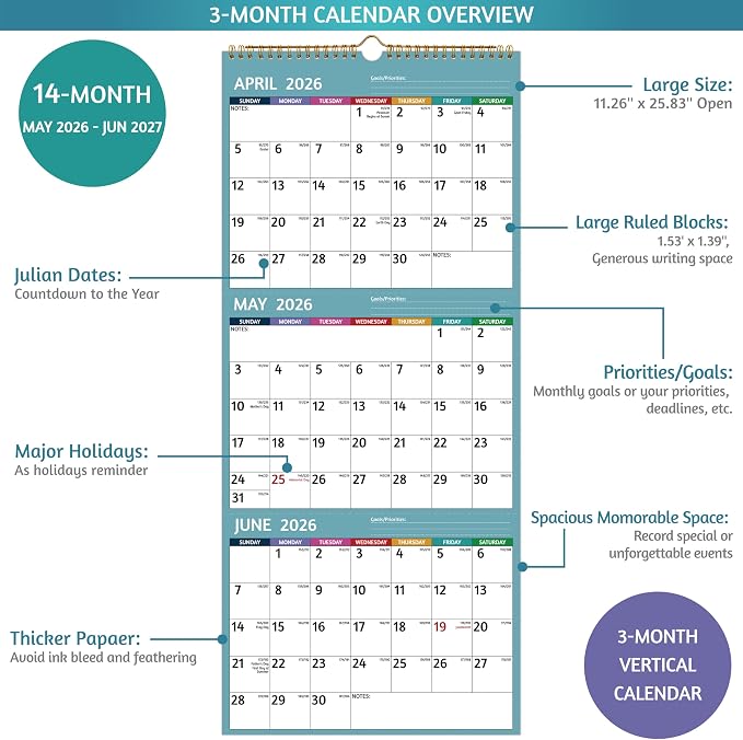 Wall Calendar 2026-2027 - 3 Month Calendar 2026-2027 Vertical, Apr 2026 - Jul 2027, 3 Month Wall Calendar, 11 x 26 In Open, 2026 Calendar with Large Print, Holidays, Thick Paper, Priorities ＆ Notes