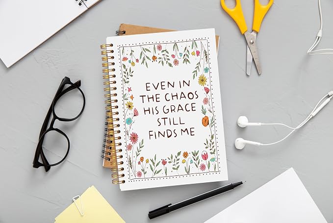 Christian Floral Notebook Journal, Inspirational Bible Verse Notebook, Christian Gifts for Women, Even in the Chaos His Grace Still Finds Me Spiral Journal 5.5x8.3 Inch