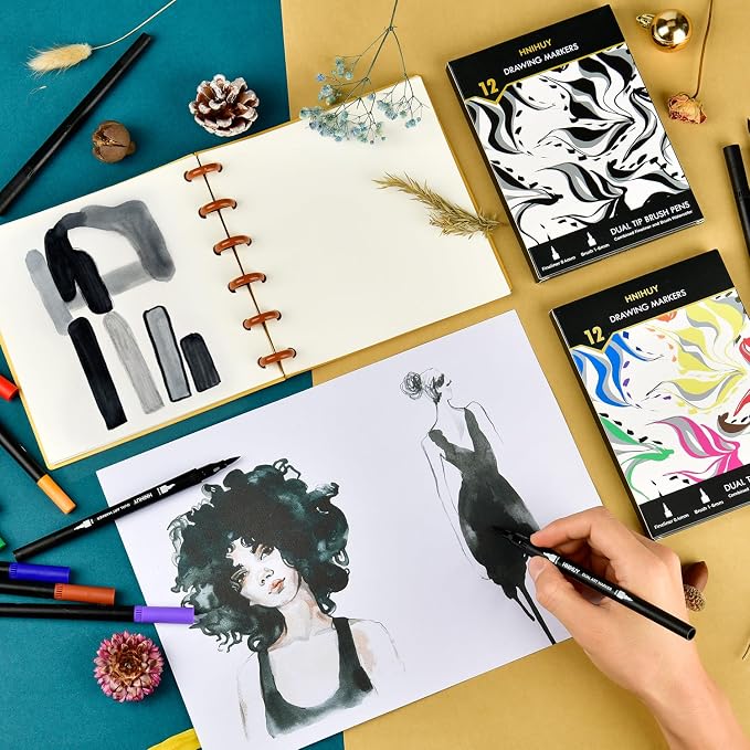 Drawing Pens - Brush Pens Markers for Art Drawing,Sketching | Dual Brush Markers Pens for Artists, Fine & Brush Markers for Art Drawing, Outlining, Manga, Calligraphy Pens