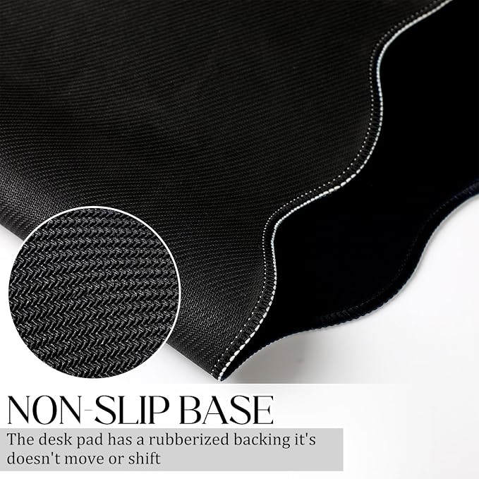 Hahafelt Scalloped Desk Mat Large Desk Pad Cute Coquette Table Mat Back to School Preppy Table Make up Pad Nonslip Graduation Gift with Stitching Waterproof Gaming(Black,31.5 x 15.8 Inches)