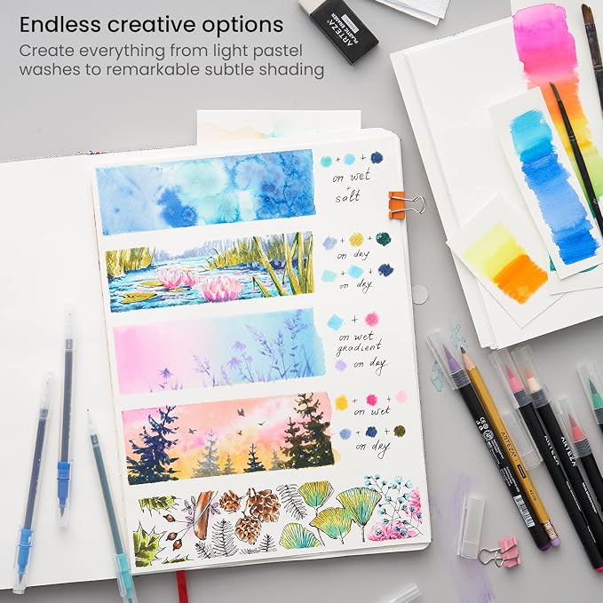 ARTEZA Real Brush Pens, 48 Colors, Watercolor Pens and Drawing Markers with Flexible Nylon Tips, Bonus Water Brush for Coloring, Sketching, Lettering and Art Journaling