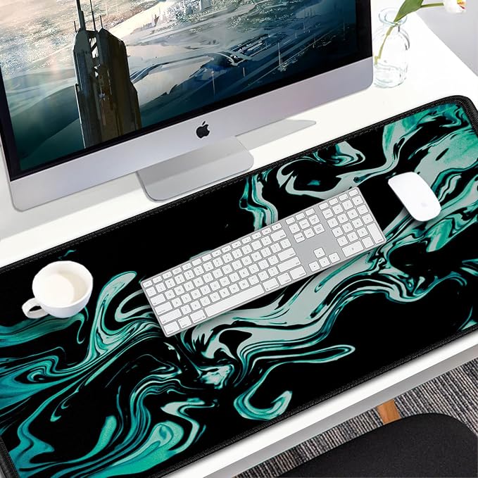 Large Mouse Pad, 31.5x15.7 inch Large Extended Computer Keyboard Mouse Mat, Water Resist Non-Slip Mousepad Rubber Base Long XXL Desk Mouse Pad for Gaming, Office & Home, Marble Cyan