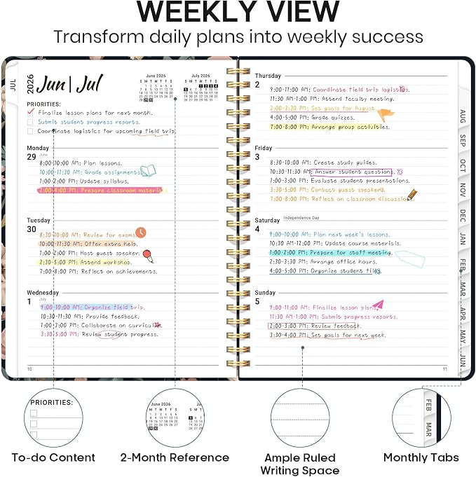 Academic Planner 2026-2027, Weekly and Monthly Calendar Book, July 2026 – June 2027, Hardcover Planner with Tabs, Perfect for Teachers, Students, Women & Men, A5 (6.4" x 8.5") - Evening Petals