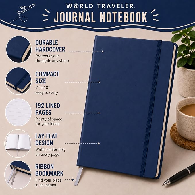 Eccolo Cool Jazz Hardbound Writing Journal, 192-Page Lined Paper, Lay-Flat | Elastic Band Closure, Interior Gusset Pocket, Double Ribbon Bookmarks and Built-In Pen Holder, Durable Section-Sewn Binding
