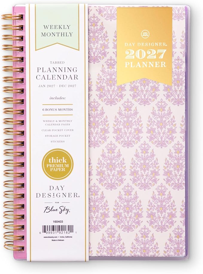 Blue Sky Day Designer 2027 Weekly & Monthly Planner, 5"x8", Kerridge Lilac | January 2027 - December 2027, Clear Pocket Cover, Durable Twin Wire Binding, Storage Pocket, Stickers