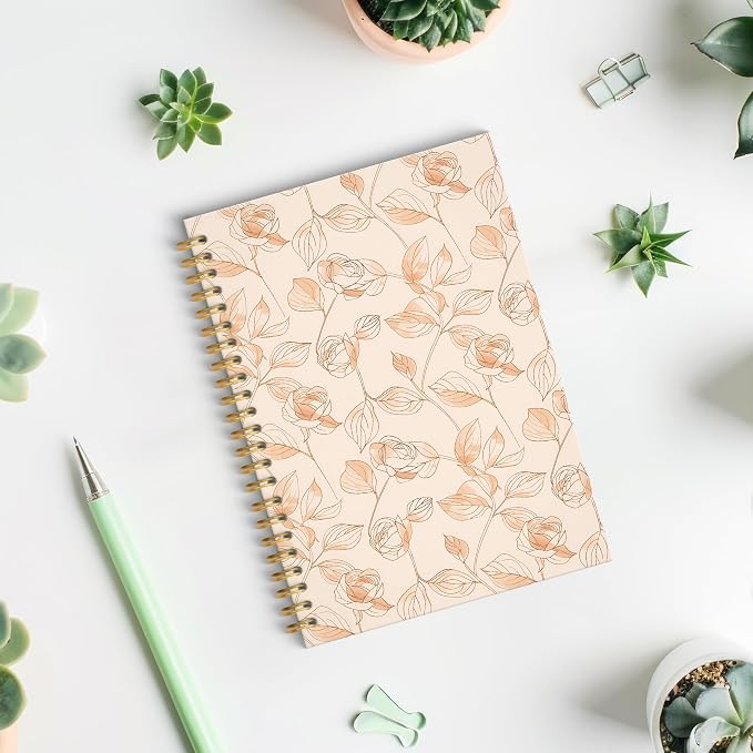 ROXMART Vintage Rose Floral Spiral Notebook, Beige Neutral Botanical Journal, Neo-Romantic Elegant Lined Flower Plant Hardcover Notebook Journal, 5.5x8.3 Inch