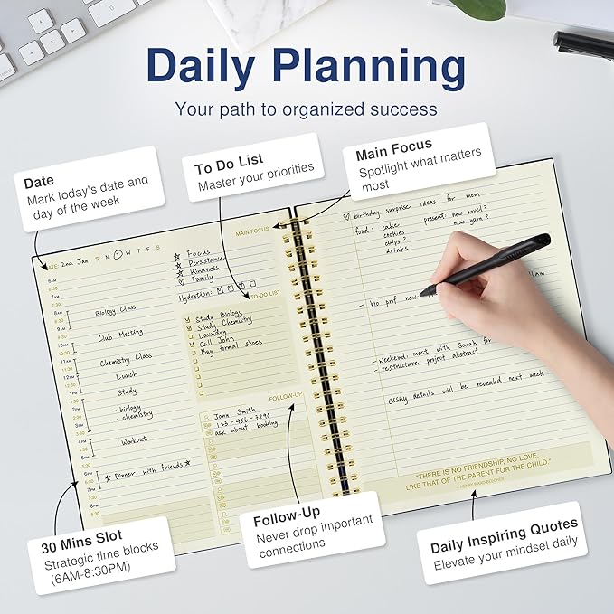 AuroPlanner Undated Daily Planner To Do List Hourly Schedule 2028 2027 2026 Calendar & Holiday Habit Tracker 180 Pages Letter Size 8.5" x 11" Sheets Hardcover Spiral Bound Notebook (Black)