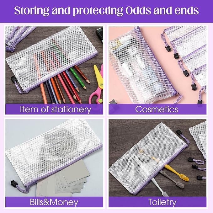 Handepo 100 Pack Mesh Zipper Pouch Pencil Pouches Bulk Clear Storage Bag Small Waterproof Purse Bag Multipurpose for Cash Board Game Passport Office(A6/9.45x4.53in,White Pouch Purple Zipper)