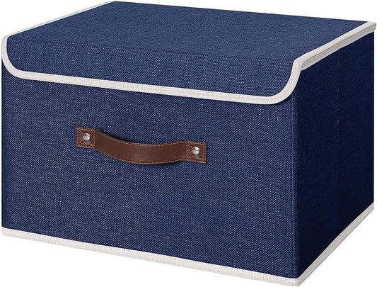 ANMINY Storage Bin with Lid Storage Boxes with PU Leather Handles PP Plastic Board Decorative Foldable Lidded Cotton Linen Fabric Home Cubes Baskets Closet Organizer Container - Blue, Large Size