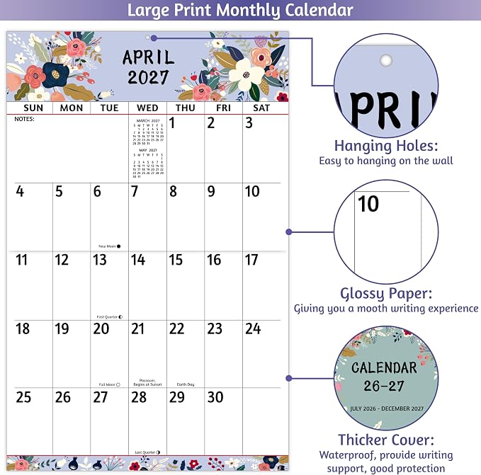 2026-2027 Wall Calendar - Large Print Calendar 2026-2027, 18 Monthly Calendar, Jul. 2026 - Dec. 2027, 14.6 x 22.8 In (Open), with Big Numbers, Large Grid, Notes, Moon Phases, Great for Planning
