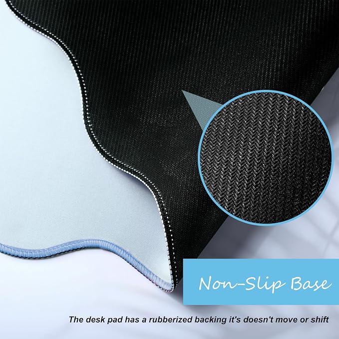 Hahafelt Scalloped Desk Mat Large Desk Pad Cute Coquette Table Mat Back to School Preppy Table Make up Pad Nonslip Graduation Gift with Stitching Waterproof Gaming(Blue,31.5 x 15.8 Inches)