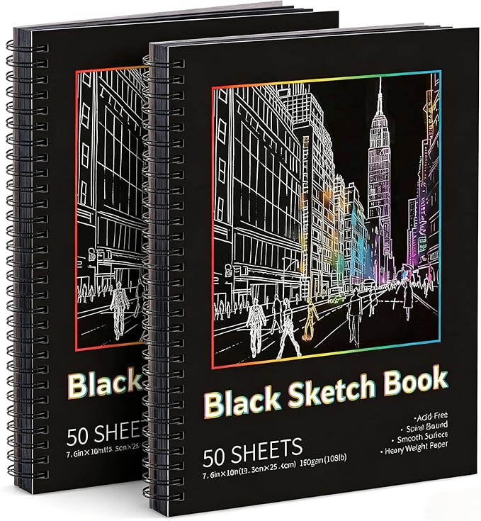 Black Paper Sketchbook 2 Pack, 7.6 × 10 in, 50 Sheets, Spiral Bound | 160gsm Acid-Free Black Paper, Mixed Media for Pencils, Chalk, Metallic Markers, Easy-Tear Pages, Lays Flat