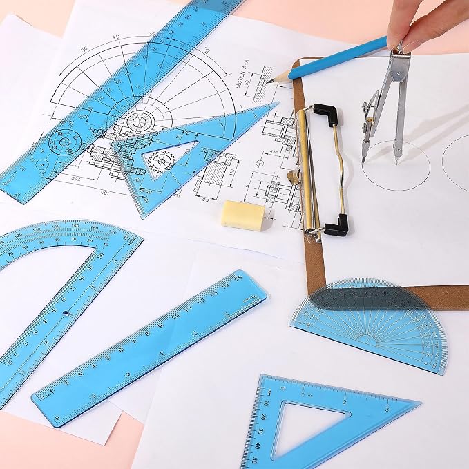 Zonon 7‑Piece Geometry Set with Drawing Compass, 6 & 4 Inch Protractors, Triangle Rulers and Straight Rulers, Transparent Math Drafting Supplies for Back to School, Students and Office Use(Blue)