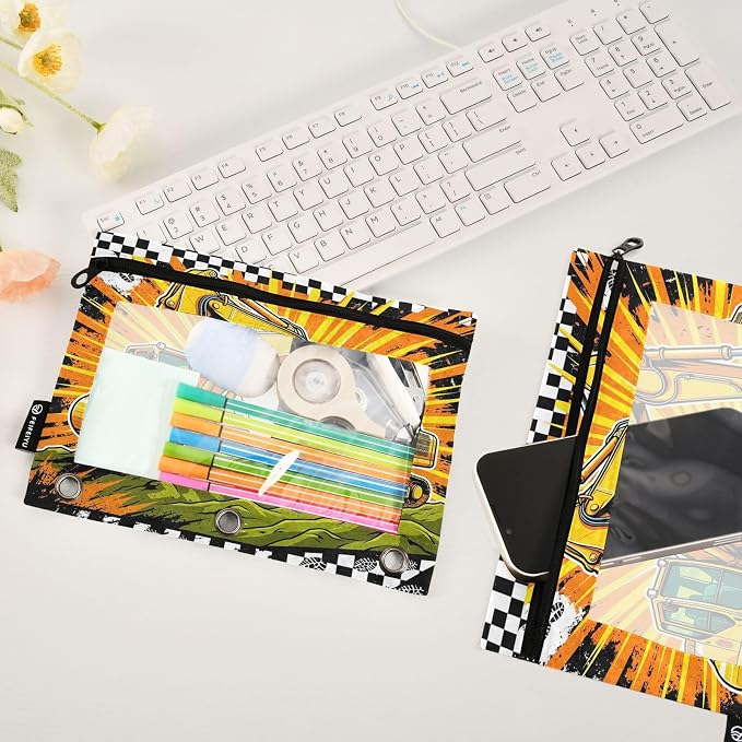 Gredecor 3 Ring Binder Pencil Pouch, Yellow Excavator Pop Zippered Pen Case Pouches with Clear Window, 2 Pack Stylish Office & School Supplie