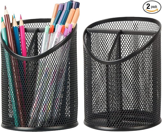 Delifox 2 Pack Pen Holder Mesh Round Pencil Holder Desktop Organizer 3 Compartments, Black