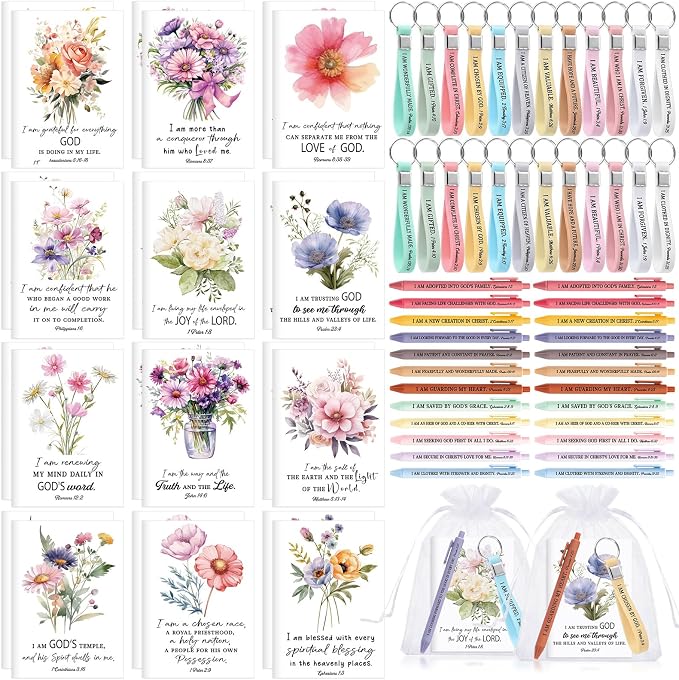Mooliwe 12 Set Positive Affirmation Gift Set Gratitude Notebooks with Pens Keychains Small Bags Motivational Party Favors for Adult Women Coworkers Employee Group (Watercolor)