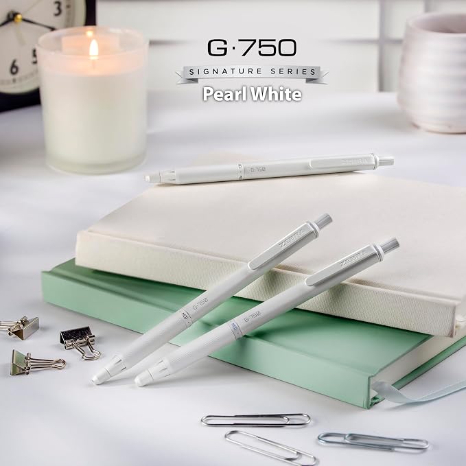 Zebra Pen G-750 Signature Series Retractable Gel Pen 1-Pack with Refills, Black Ink, 0.7mm Medium Point, Pearl White Premium and Durable Brass Barrel, Textured Grip, Rapid Dry Ink (49801)