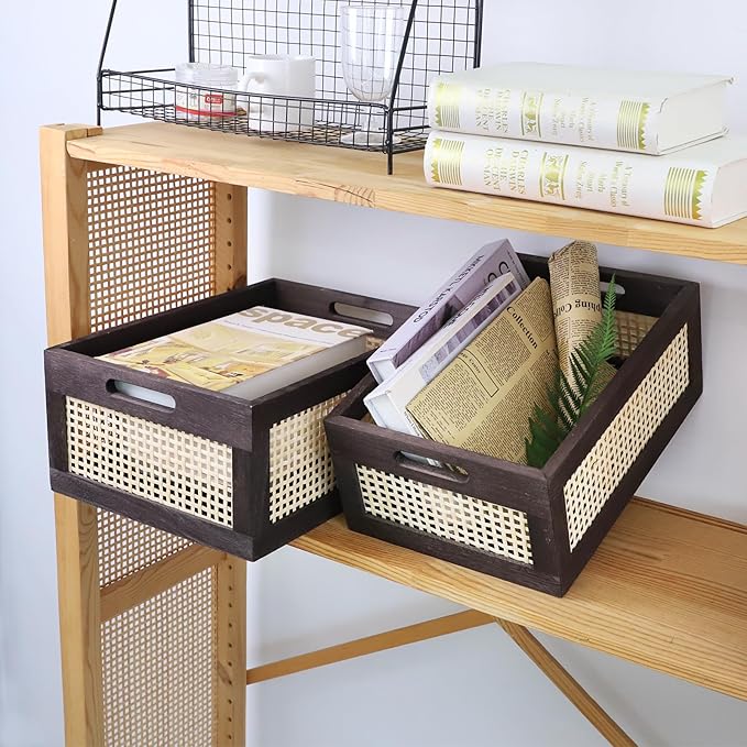 Desktop Storage Basket, Sundry Office Drawer Storage Box, Wood Frame Storage Basket. (Brown-Set2)