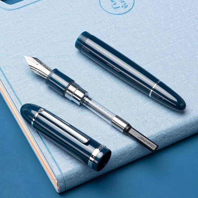 Jinhao X159 Dark Blue Acrylic Fountain Pen, Size 8 Medium Nib Silver Trim Classic Design Smooth Writing Pen with Converter