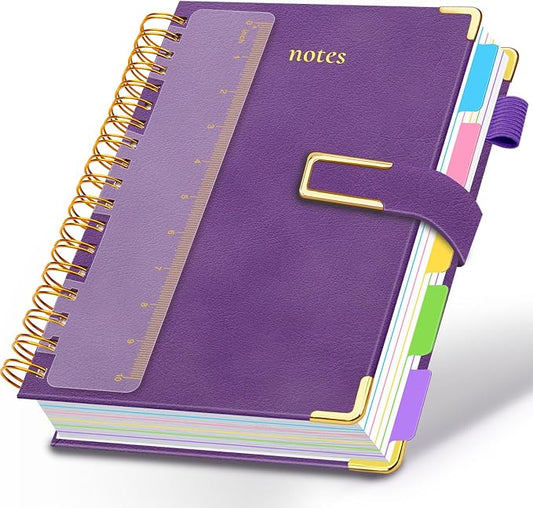Hardcover Spiral Notebook College Ruled, 8.5"x11" Leather Journal Notebook with Magnetic Closure, 300 Pages 5 Subject Notebook with Dividers Tabs Journal for Women Men, Work, School(Purple)