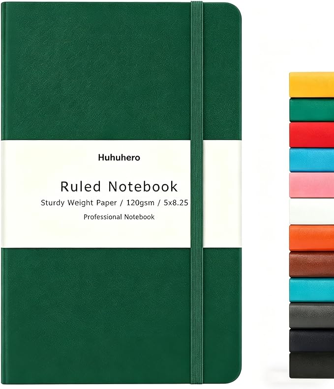 Huhuhero Lined Journal Notebook, A5 Hardcover Green Journals for Writing | 5.25"×8.25" Journaling Notebooks for Men Women, 120gsm Thich Paper College Ruled Journal for Work Office School (1, Green)