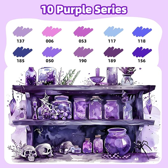 LIULIUCAI 10 Purple Dual Marker, Fine & Brush Tip Pen for Adult Coloring | Violet Marker Pen, Royal Purple Markers for Galaxies, Lavender, Fantasy Art, Outlining Illustration, Mystical Designs
