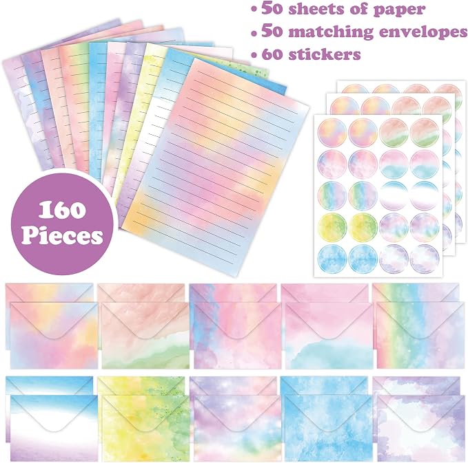 Stationery Paper Envelopes Set 160 Pcs - 50 Lined Writing Paper, 50 Envelopes, 60 Dot Stickers, Vintage/Floral/Leaf/Watercolor Multi-Style Options (STATIONERY-160PCS-WATERCOLOR)