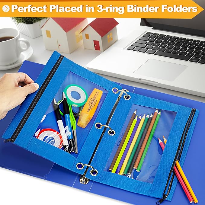 Pencil Pouch for 3 Ring Binder, 2 Pack Pencil Bags with Zipper, Blue Pencil Case for Classroom School Office Supplies, Large Sturdy and Durable Cloth Pencil Pocket for 3 Holder Binder