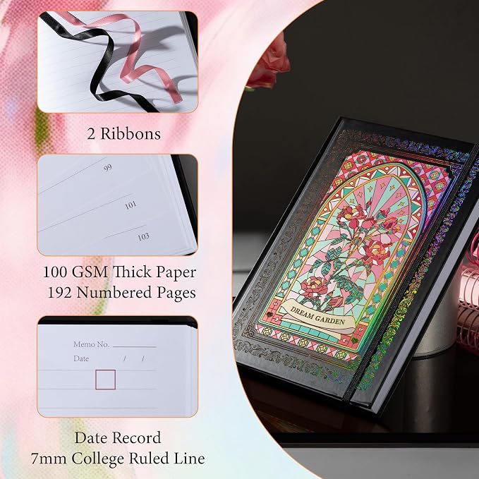 MGGAO Lined Journal Notebook for Women, A5 Vintage Journal for Writing | Hardcover, 192 Numbered Pages, 2 Ribbons, Aesthetic Design, For Writing, Note Taking, Journaling, School, Travel
