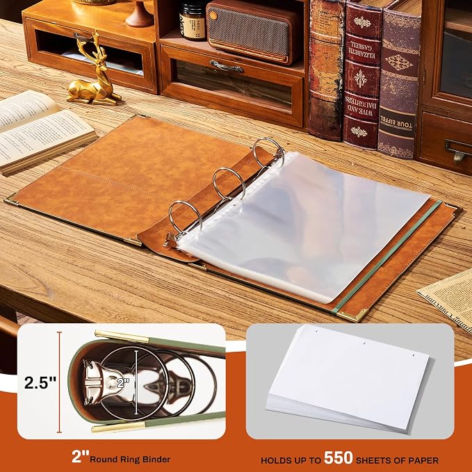 Ovesmusl Sunflower PU Leather 3 Ring Binder Fits 8.5"x11" Letter Size Paper, 2 Inch Round Ring Binder Holds 500 Sheets, Notepad Paper Cover Loose Leaf Organizer, Green