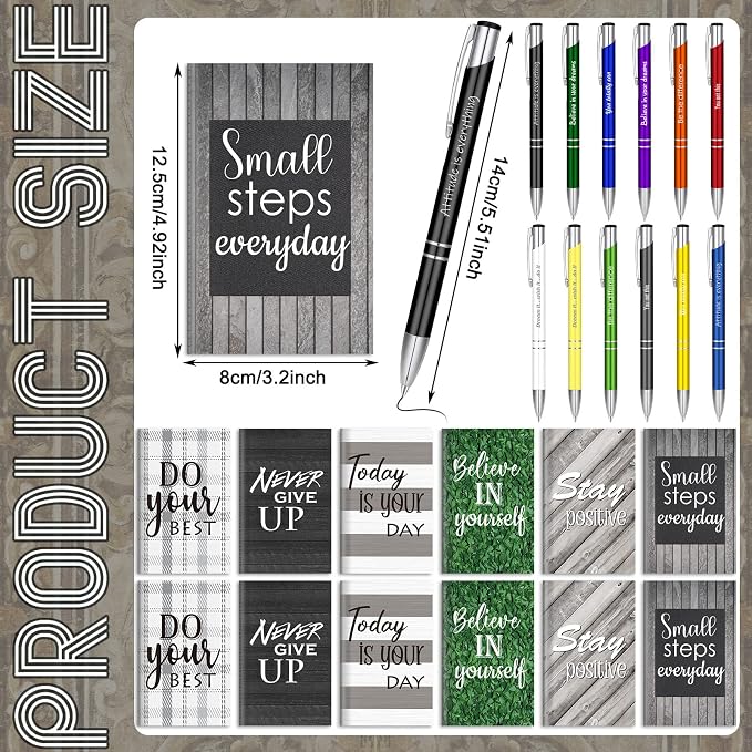 Geyee 24 Pcs Mini Motivational Pens Inspirational Notepads Bulk Appreciation Gifts Small Journals Funny Ballpoint Pen Set Prizes Men Women Office Travel Party Favors(Rustic)