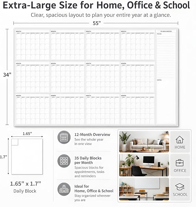 Extra Large Dry Erase Calendar for Wall 55" x 34" Undated Yearly Calendar | Vertical12 Month Layout, Reusable Whiteboard Calendar, Erasable Monthly Planner for Home Office School