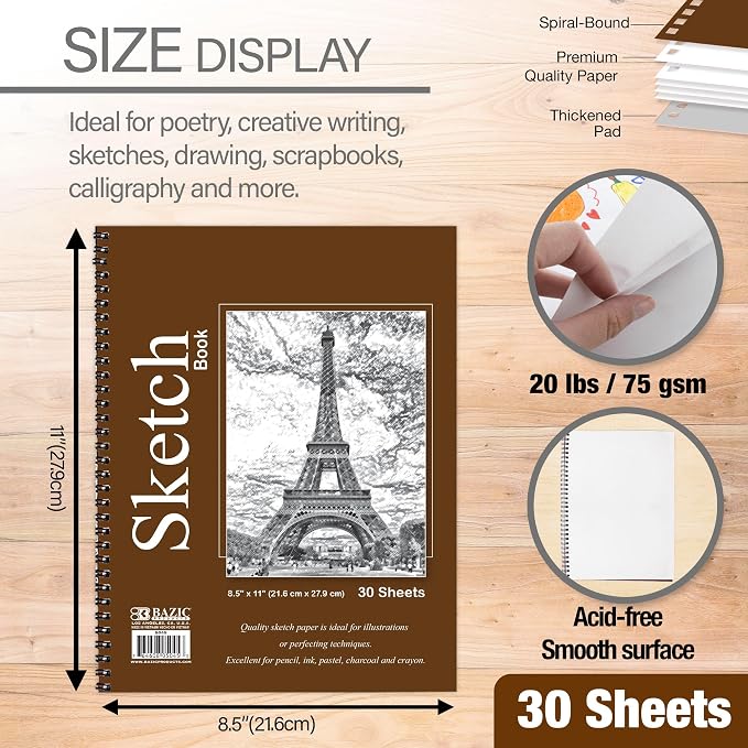 BAZIC Products Sketch Book, Side Bound, 8.5 x 11 in, 30 Sheets, 48-Case | 30-sheet spiral sketch book, smooth drawing paper for sketching, shading