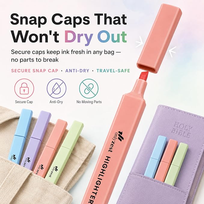 10 Aesthetic Bible Highlighters - Chisel Tip Liquid Ink Marker | Pen with Snap Caps for Clean Highlighting - Assorted Colors, No Bleed & Quick Dry - Bible Marker for Journaling & Studying