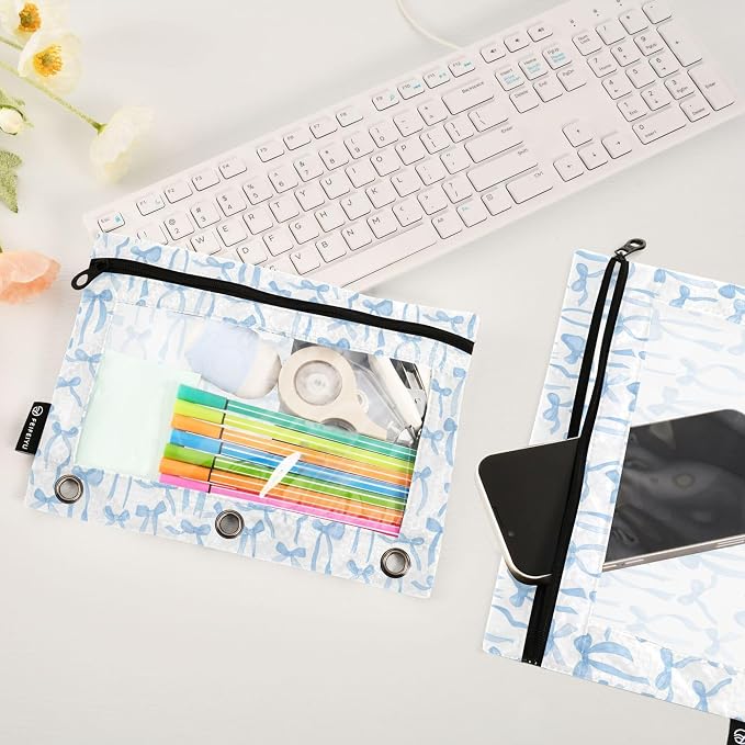 Wamika Bowknot Blue White Binder Pouches 3 Ring for Boys Girls School Office College Supplies Bow Ribbon Tie Pencil Pouches Case Bag with Clear Window and Zipper 2 pack