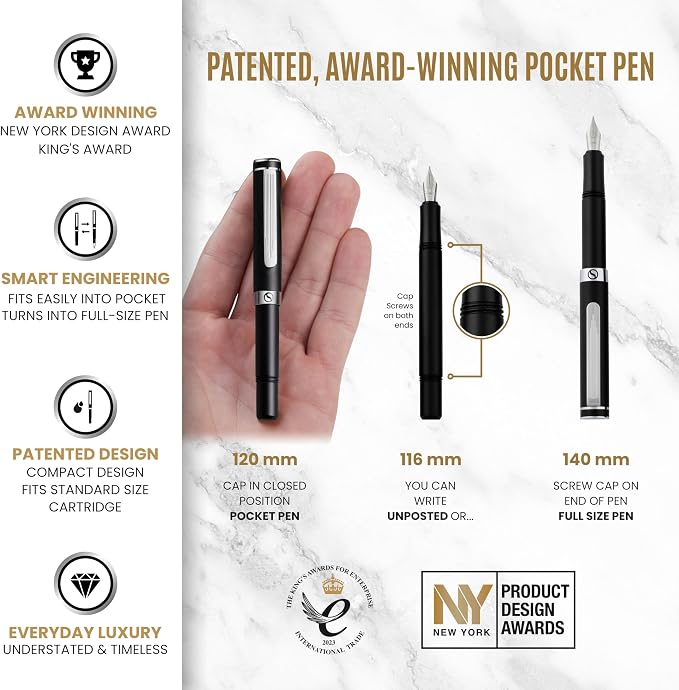 Scriveiner Luxury EDC Fountain Pen (Fine), Stunning Matt Black Pocket Pen, Chrome Finish, Schmidt German Nib, Converter, Best Writing Pen Gift Set for Men & Women, Nice Fancy Office Designer Pen