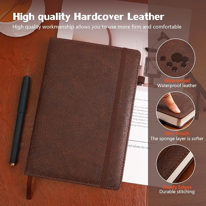 Blank Journal Notebook,256 Pages,A5 Size (5.7'' x 8.3''),Vintage Tree Growth Rings Leather Hardcover Journal,100 GSM Thick Paper,for Daily,Work,School,Note Taking or Sketching(Brown)