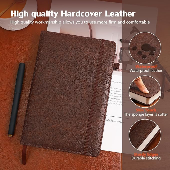 Graph Grid Paper Notebook,256 Pages,A5 Size (5.7'' x 8.3''),Vintage Tree Growth Rings Leather Hardcover Journal,100 GSM Thick Paper,for Daily,Work,School,Note Taking(Brown)