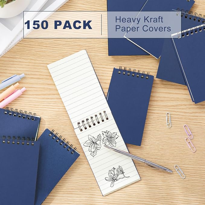 Tenceur 150 Pcs Pocket Notebook Small 3x5 Inch Dark Blue Color Top Spiral Notepads Bound Notebook with Lined 120 Pages Mini Memo Pads for Office College Nurse Essentials Back to School Gift